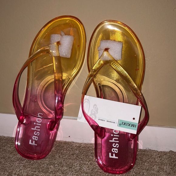 Fashion- Gel flip flops- multi yellow and pink - Picture 2 of 6
